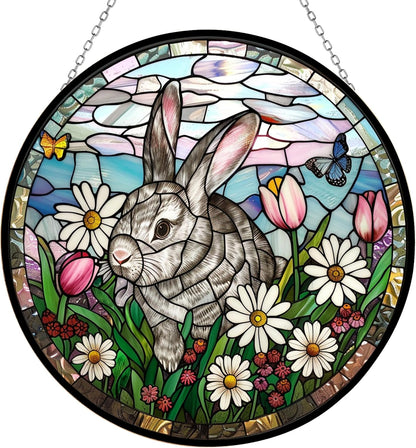 Bunny Stained Glass Suncatcher Four Season Theme Colorful Leaves Window Wall Hanging Ornament Hand-Painted Glass Panel Decor Gift for Women Christmas Thanksgiving Gift 6.3"