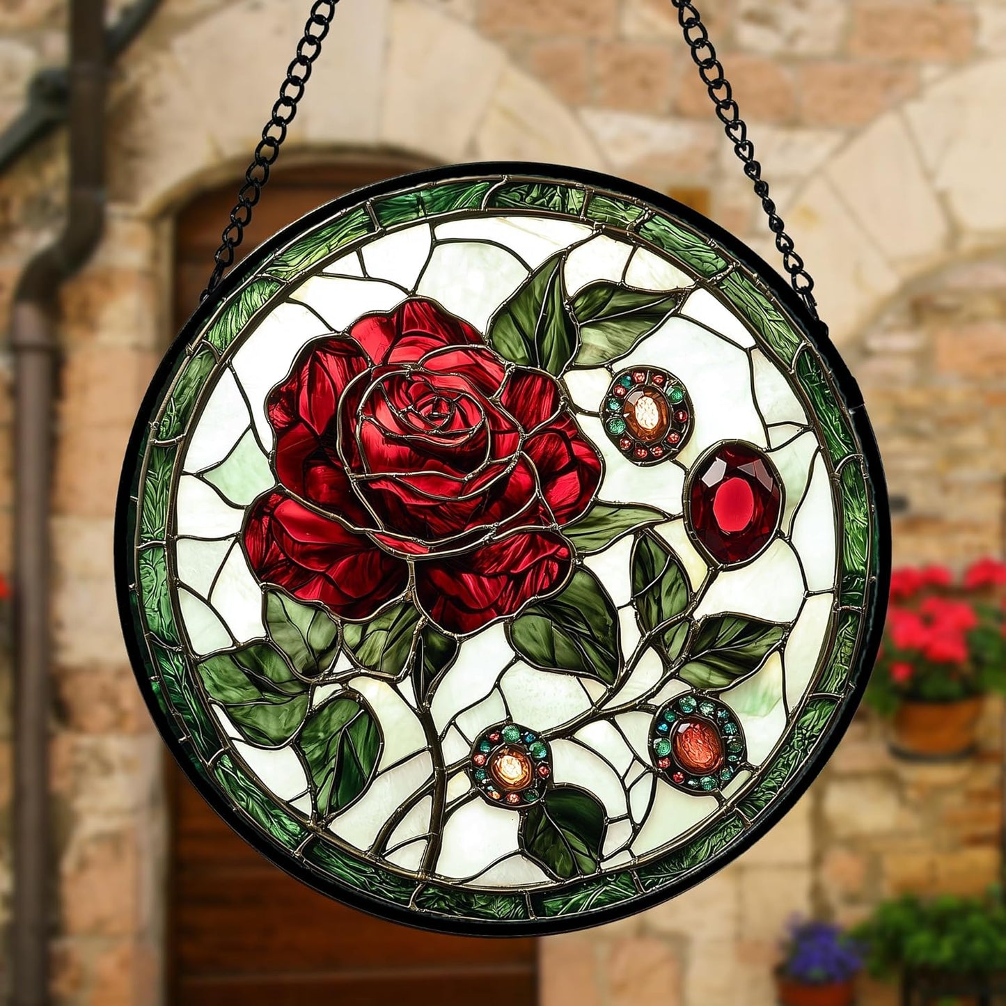 Stained Glass Window Hanging, Red Rose Gemstone Green Sun Catchers Diamond Glass Panel Hangings Suncatcher Decor for Birthday for Women, Men, Wife, Aunt, and Mom 6.3 in