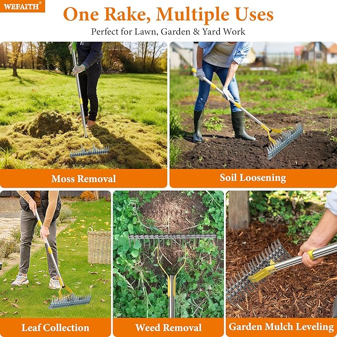 Thatch Rake for Lawns - 15in Dual-Action Dethatching Rake with 70'' Handle, Heavy Duty Manual Dethatcher & Scarifier Tool for Dead Grass,Moss,Weeds,Thatching Remover,Garden Yard Soil LooseningThatcher