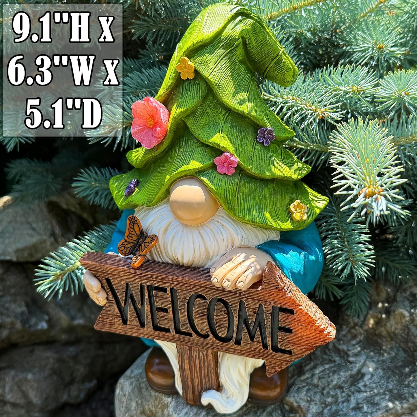 Mood Lab Garden Gnome - Solar Gnome Figurine with Welcome Sign - 9.1 Inch Decor Outdoor Lawn Statue with LED Lights