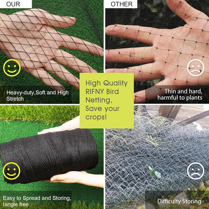 Bird Netting for Garden, 49 x 49FT Heavy Duty Anti Bird Netting Mesh with Ties and Landscape Staples for Vegetable, Fruit Trees & Other Plants, Lasting Against Birds Squirrels and Poultry, Black