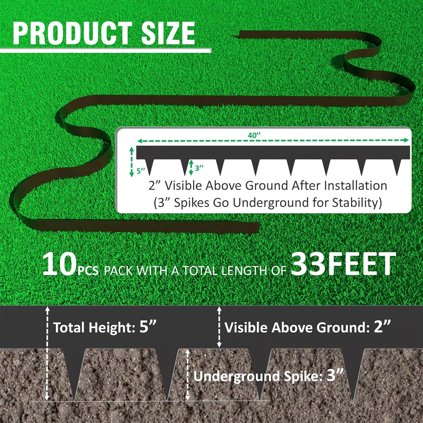33ft. Galvanized Steel Landscape Edging (10-Pack) – 40" Metal Edging for Landscaping with 11 Stakes, Hammer-in Metal Landscaping Edging for Yard Pathway & Flower Beds – Lawn Edge for Garden Design