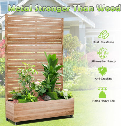 15.7"×70.9"×47.2" Metal Raised Garden Bed with Trellis and Wheels - Tall Trellis Planter Box for Climbing Plants, Vegetables & Vines - Outdoor Privacy Planters for Patio (Cut Oak Grain)