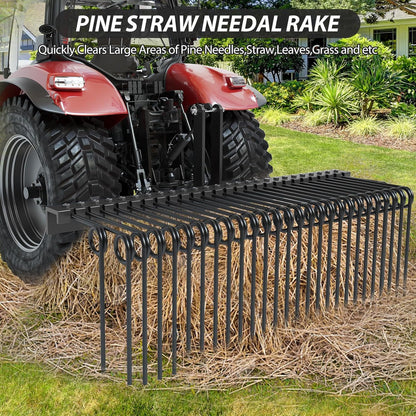 60 in Pine Straw Needle Rake, 3 Point Landscape Rake, Powder Coated Steel Spring Tow Behind Rakes, Tractor Attachments for Leaves Straw Grass Attach to Cat 0 Cat 1, Black
