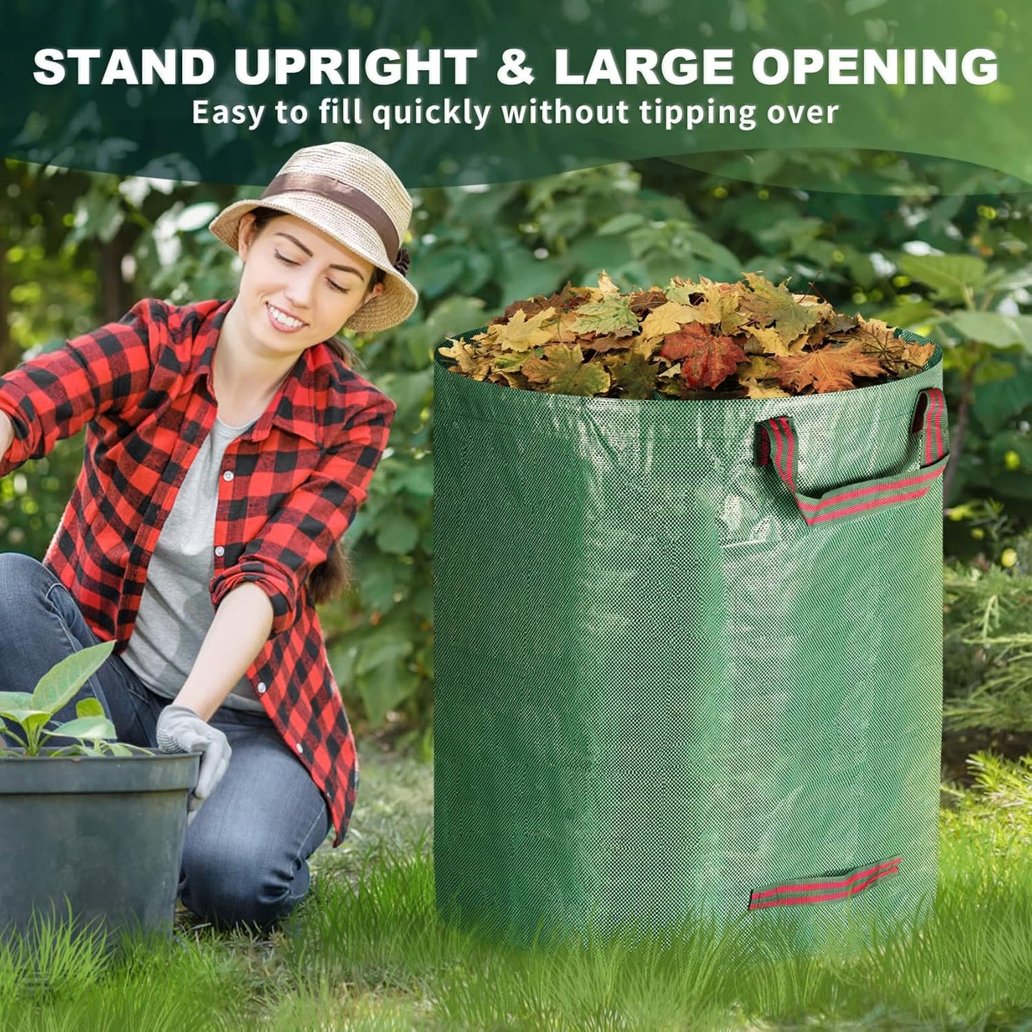 Reusable Yard Waste Bags, 72 Gallons Lawn and Leaf Bags Heavy Duty Garden Waste Bags with Reinforced Handles, 3 Pcs Foldable Leaf Collector Bag for Loading Garden Leaves, Trash - Green