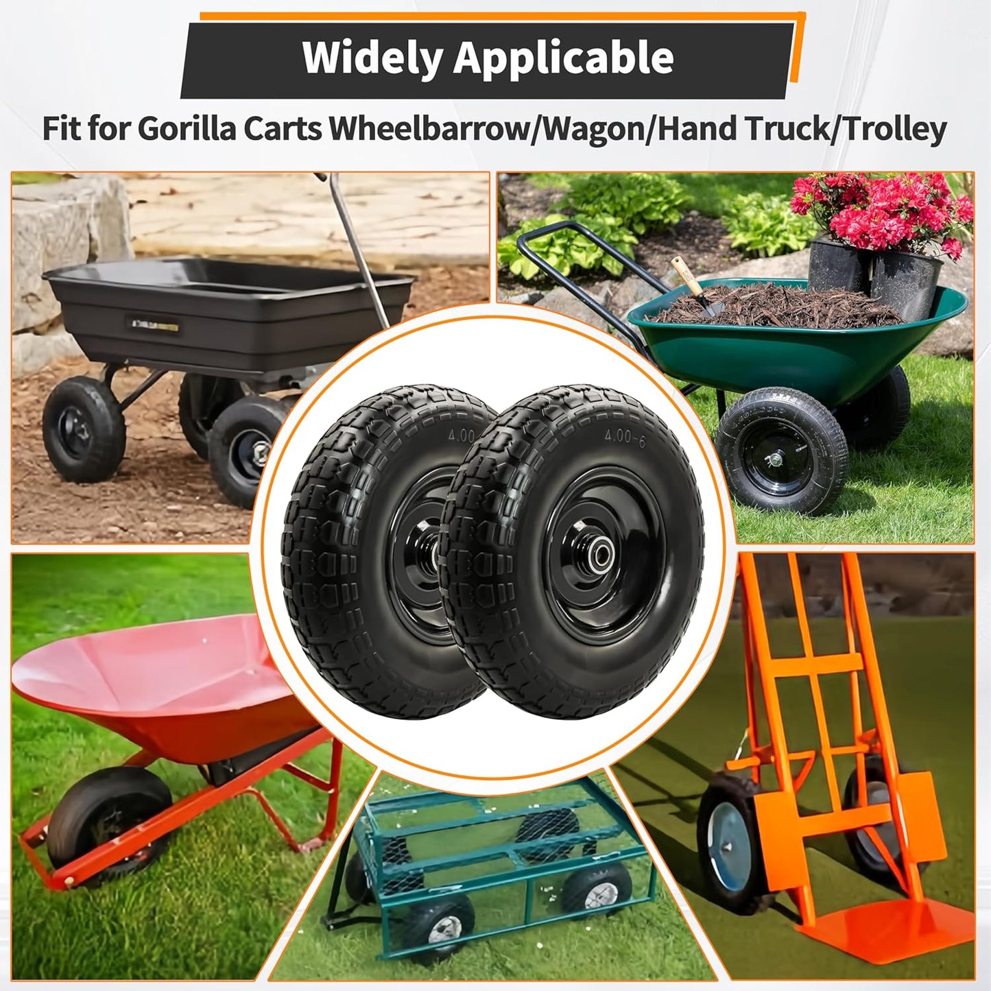 2PC 4.00-6 Flat-Free Tires and Wheels,13" Rubber Solid Tire, with 5/8" & 3/4" Bearing, 1.8"-5.8" Centered Hub Length, 4.00-6 tire and wheel Fit for Gorilla Cart, Garden Cart/Hand Truck/Wheelbarrowetc.