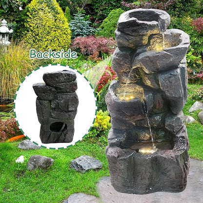 4-Tiers Cascading Rock Outdoor Water Fountain with LED Light, Standing Cascading Water Feature Faux Stacked Stones Waterfalls Decor for Garden Patio Yard and Lawn (Deep Grey)