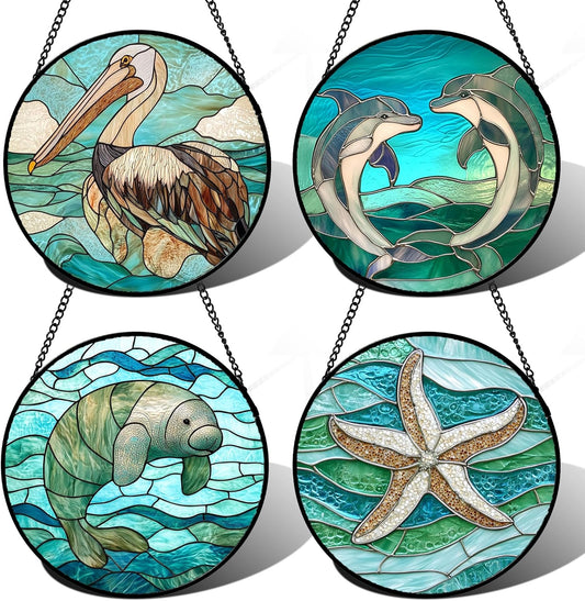 Stained Glass Window Hanging 4 Pcs Set Cyan Ocean Life Theme Large 11.8" - Sea Starfish Suncatcher