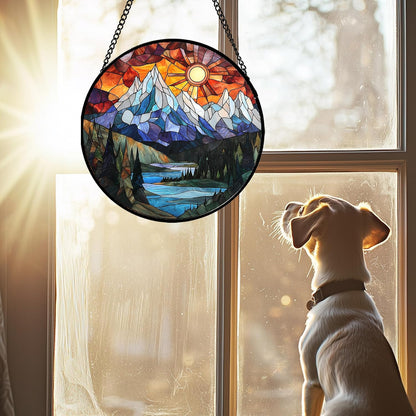 Stained Glass Window Hanging - Colorful Mountain Lake Landscape Sun Catcher for Door Garden Home Decor Suncatcher Christmas Mother's Day Birthday Gifts for Women Men Mom Nana 6.3 in