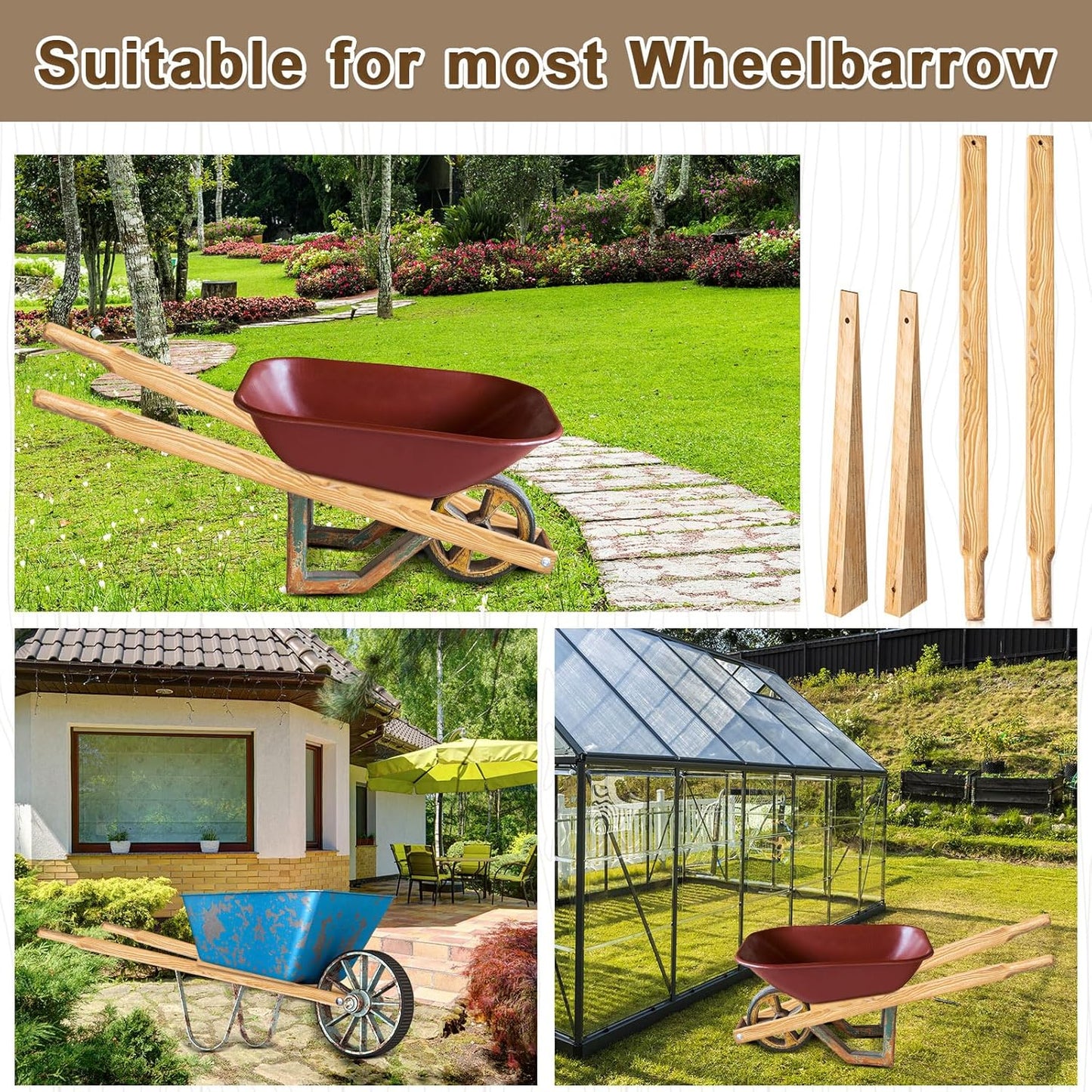 WILLBOND Wheel Barrow Handles Wood Replacement 59'' Wheelbarrow Handles Kit with 2 Wheelbarrow Wedge Heavy Duty Wood with Tough Seal Coat and Pre Drilled Holes for Wheelbarrows, Easy Install