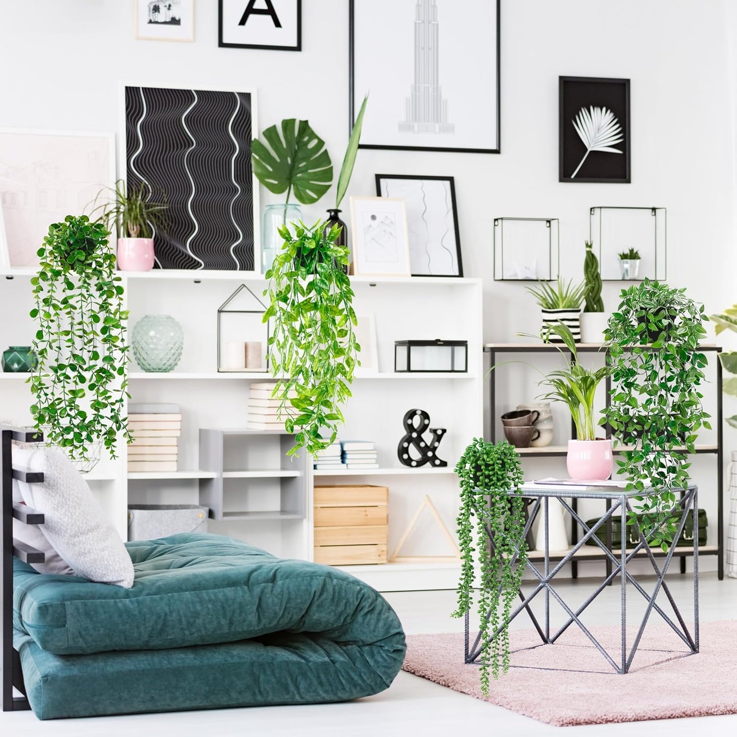Artificial Hanging Plants for Shelf, 4 Pack Fake Potted Greenery Faux Eucalyptus Vine, Mandala Vine, String of Pearls,Pea pod Leaves in Pot for Office Living Room Bathroom Indoor Outdoor Décor