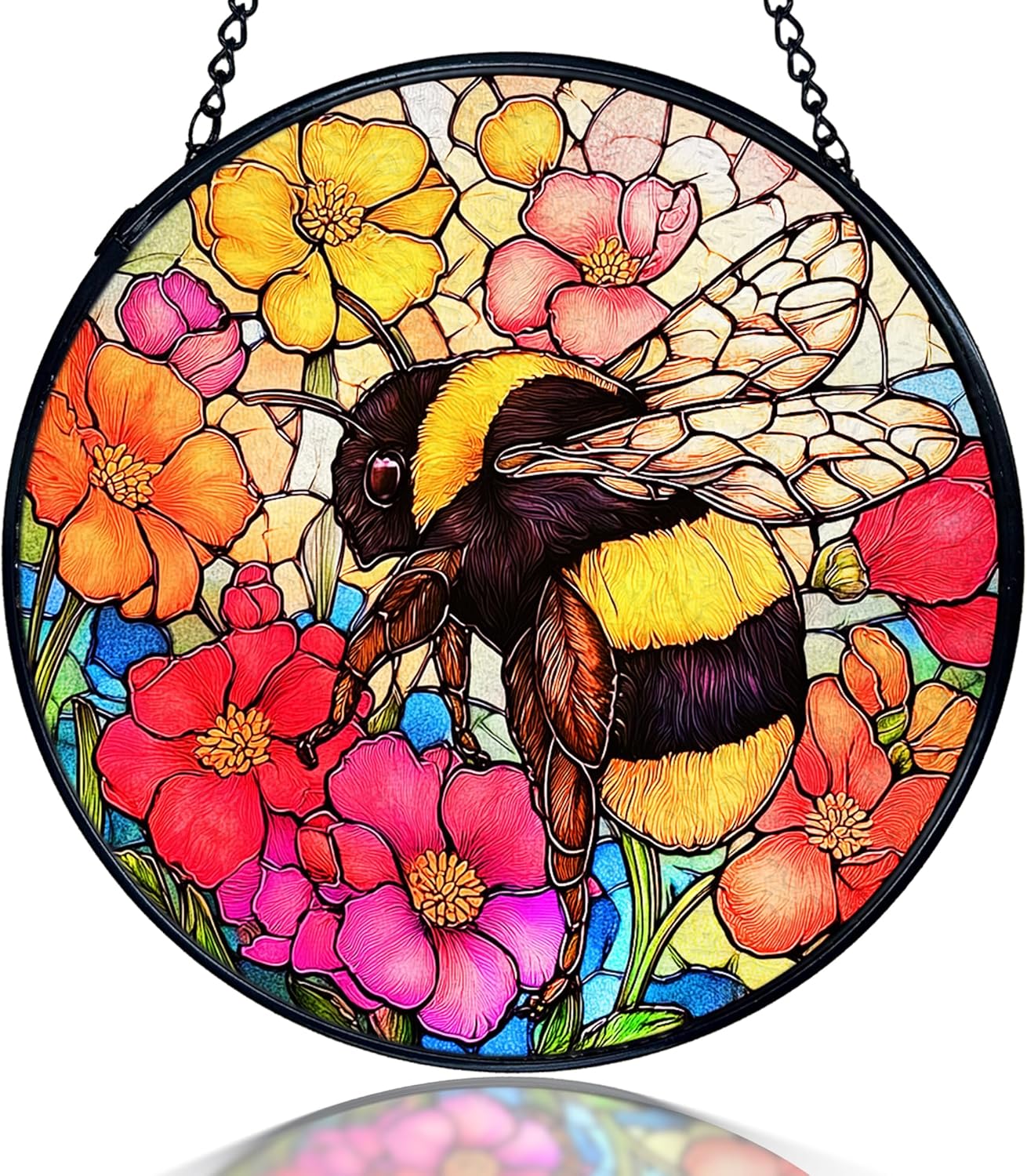 kdqua Bee Floral Suncatcher Stained Glass Window Hanging, Colorful Floral Bumblebee Sun Catchers Indoor Window Glass Round Wall Decor, Bee Wall Art Hanging Decorations Statues, 7.9x7.9in