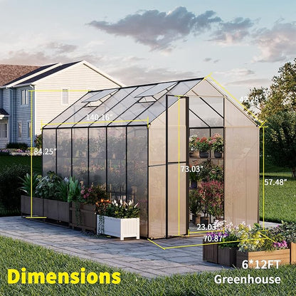 Kingdura 6x12ft Walk-in Greenhouse for Outdoors, Large Polycarbonate Greenhouses with Heavy Duty Aluminum Frame, Adjustable Roof Vent, Lockable Door, UV Protection for Outside Garden Backyard