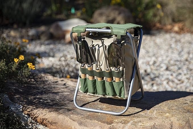 PICNIC TIME Disney Winnie The Pooh Gardener Folding Seat with Tools, Folding Chair Seat with GardenTools Set Organizer, (Olive Green with Beige Accents)