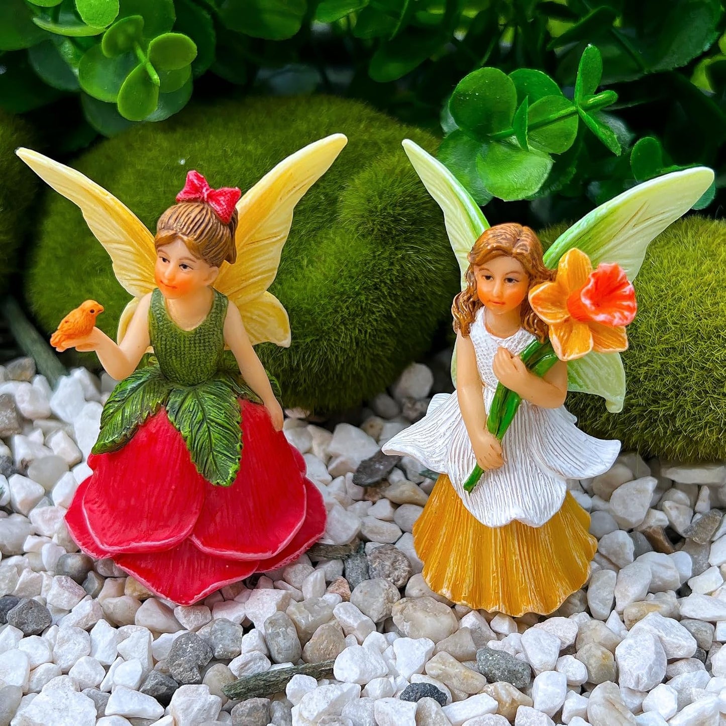 Mood Lab Fairy Garden - Miniature Fairy Figurines - Flower Girls Set of 2 pcs - Narcissus & Rose Fairies Accessories Statue Kit