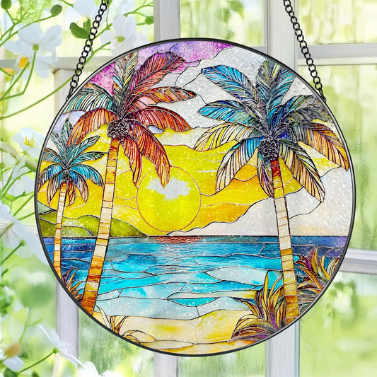 Stained Glass Window Hanging, 8 Inch Beach Sunset Stained Glass Suncatcher, Window Hanging Decor