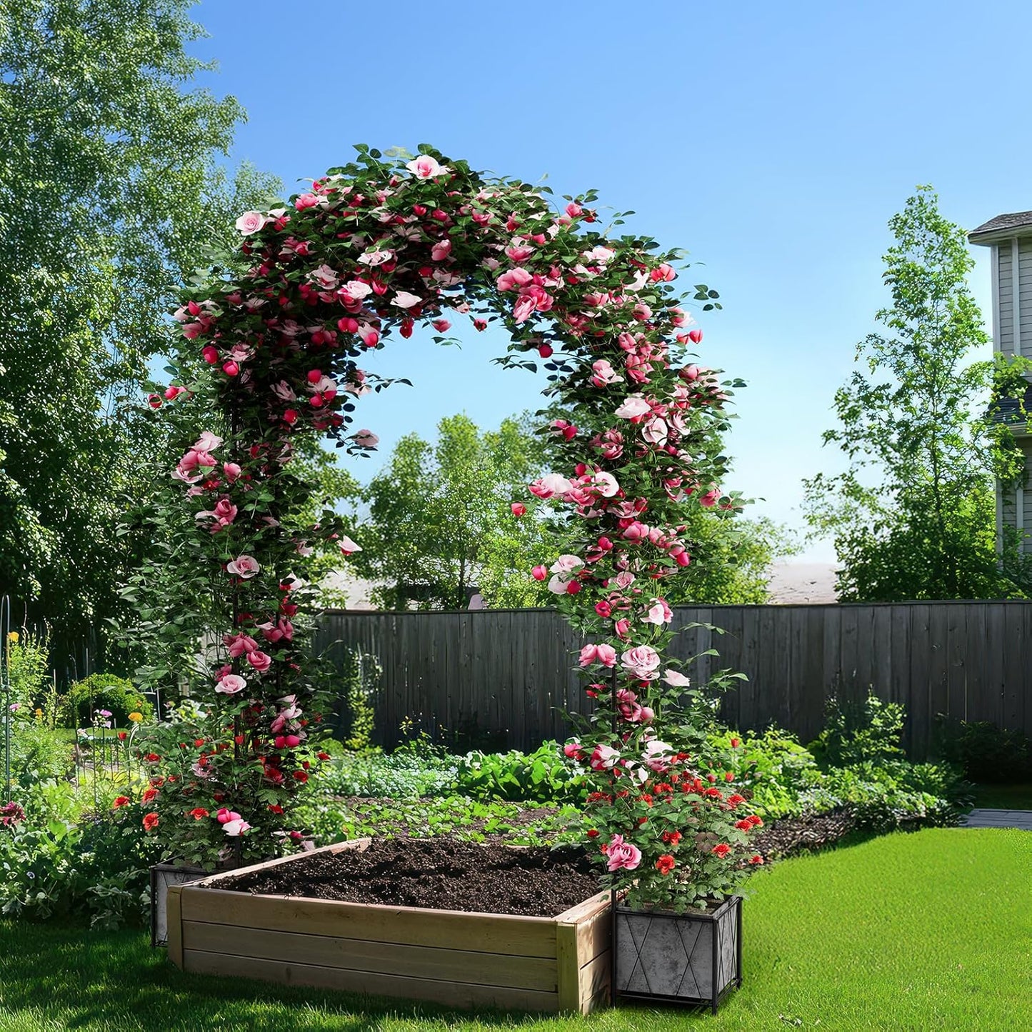 Garden Arch Arbor Trellis with Planter Boxes 8.2 Ft Metal Arch Trellis for Climbing Plants Outdoor, Wedding Arches Backdrop Stand for Ceremony, Halloween, Christmas, Decorations Pergola, Black