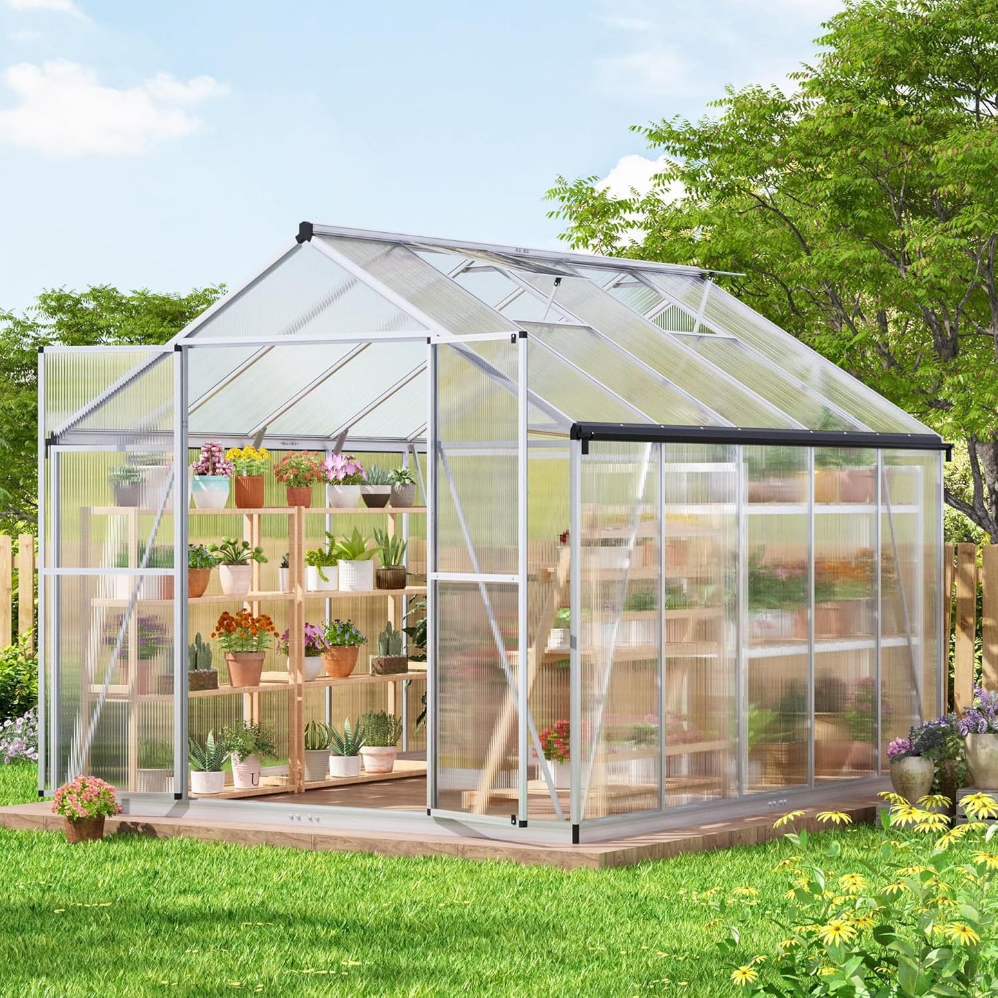 8x10 FT Greenhouse for Outdoors, Polycarbonate Green House with Quick Assembly Structure and Roof Vent, Large Aluminum Walk-in Green House for Outside Garden Backyard, Silver