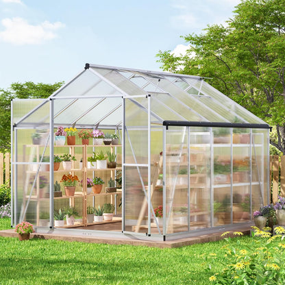 8x10 FT Greenhouse for Outdoors, Polycarbonate Green House with Quick Assembly Structure and Roof Vent, Large Aluminum Walk-in Green House for Outside Garden Backyard, Silver