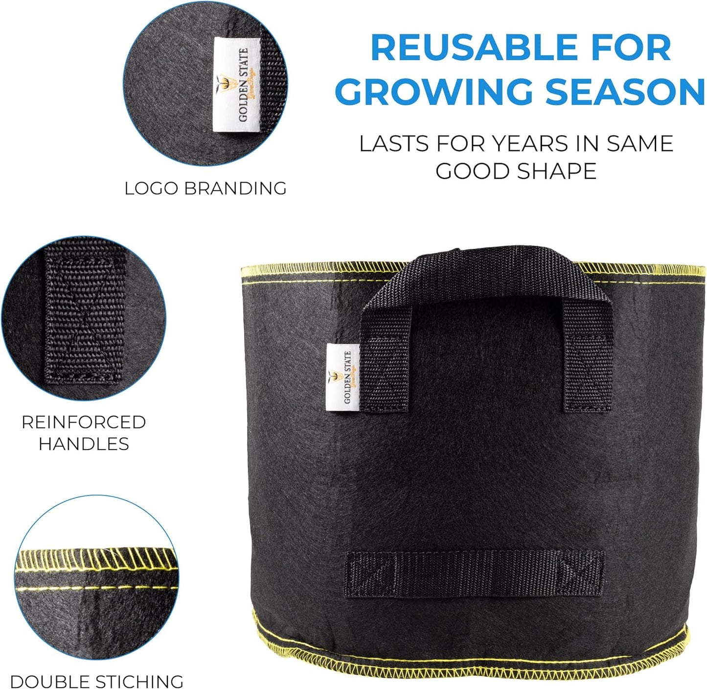 Grow Bags: 5-Pack (Size: 7 Gallon): 300gsm Black Felt Fabric w/Yellow Stitch, Biodegradable and eco-Friendly Material. (Handles + Dumping Handles-pat.Pend).