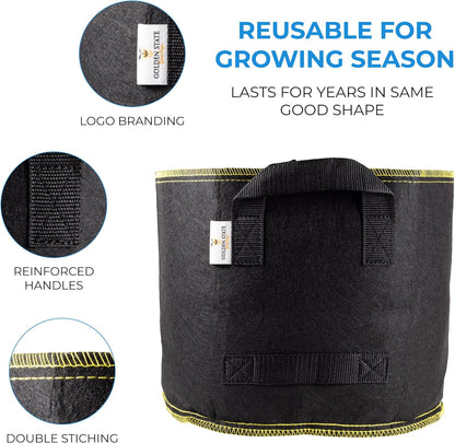 Grow Bags: 5-Pack (Size: 10 Gallon): 300gsm Black Felt Fabric w/Yellow Stitch, Biodegradable and eco-Friendly Material. (Handles + Dumping Handles-pat.Pend).