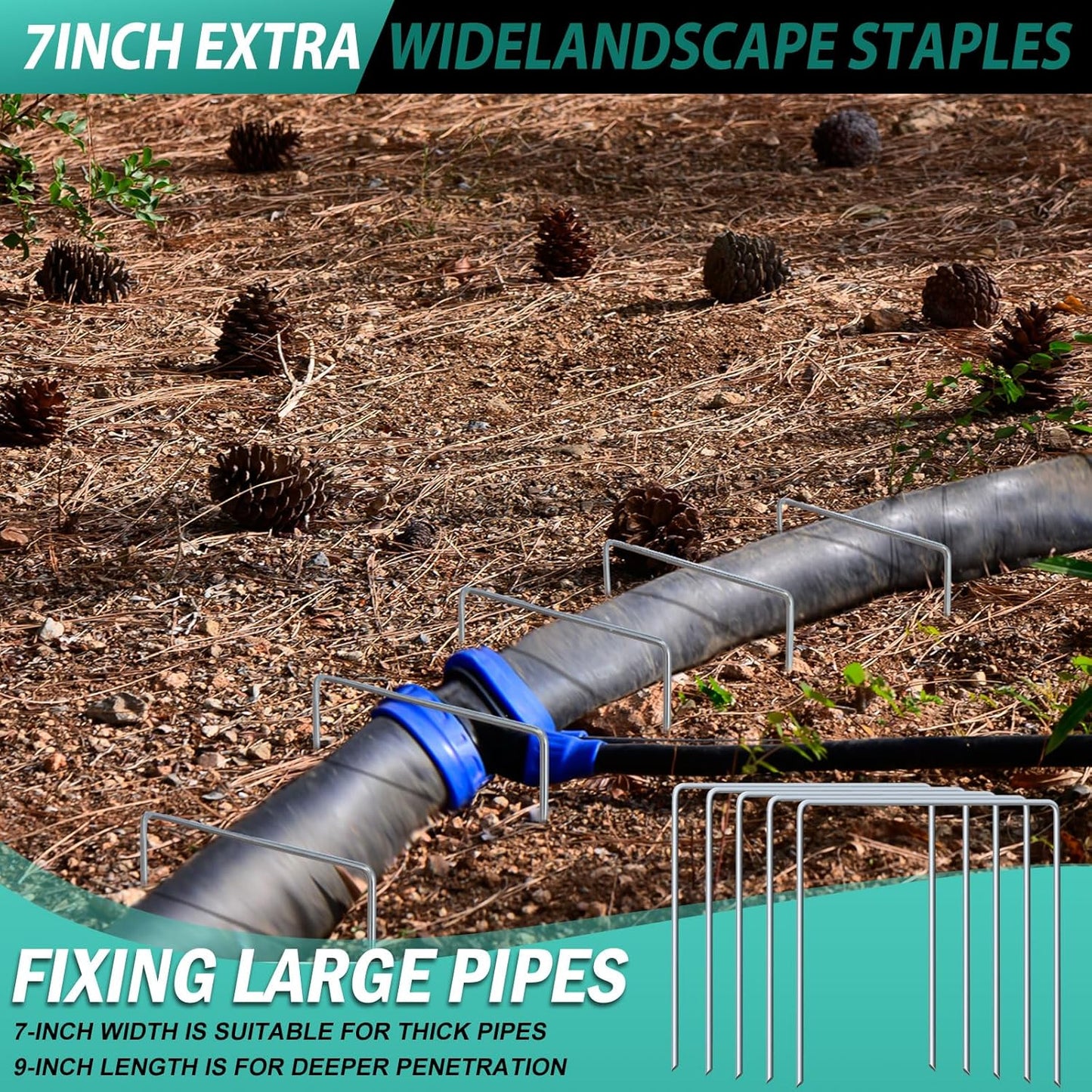 50 Pack Heavy Duty Wide Landscape Staples, 7 Gauge Galvanized Steel Turf Stakes Garden Stakes Bulk, U Type Anchor for Grass, Securing Weed Barrier Fabric, Pipes, Sod (9"x7")