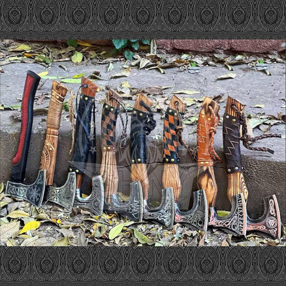 SHINY CRAFTS® Handcrafted Decorative Viking Axe with Leather-Wrapped Handle & Sheath – Engraved Blade – Ceremonial Collectible Gift for Men, History Buffs, Cosplay & Display (Set of 8 Viking Axes)