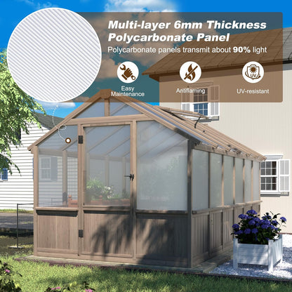 8x12 FT Greenhouse Kit with 6MM Thick Polycarbonate Panel for Outdoor, Wooden Walk-in Green House with Adjustable Roof Vent and Lockable Door, Backyard, Garden, Light Mocha Brown