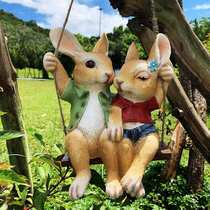 iRonrain Garden Statue Swing Bunny Couples, Indoor Outdoor Hanging Rabbits Lover Sculpture Funny Simulation Art Décor Figurine Ornament for Fence Pathway Backyard Landscape Tree Decorations