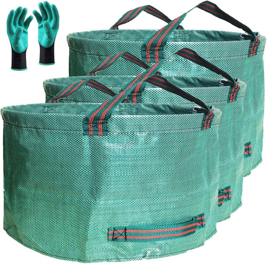 Standard 3-Pack 46 Gallon Yard Garden Bags (D26, H19 inch) with Garden Gloves, Leaf Bags,Yard Waste Bags,Recycling Bag,Camping Waste Bin,Laundry Bag,Lawn Debris,Grass Clippings,Weeds Barrel 4 Handles