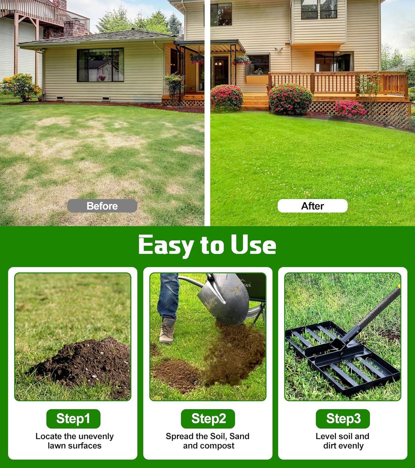 Lawn Leveling Rake 17x10 Inch , Heavy-Duty Yard Leveling Rake 6.2FT Leveler Tool for Soil, Sand & Topsoil, Backyard, Garden, Golf Course