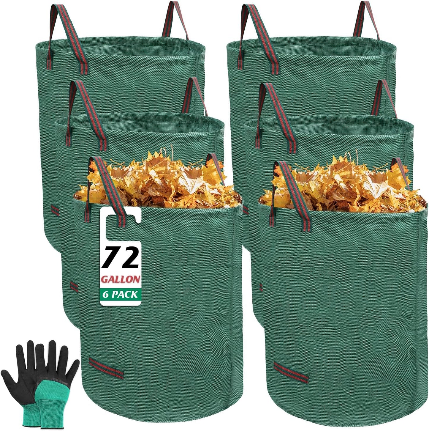 6 Pack 72 Gallons Reusable Garden Waste Bags with Coated Gloves, Heavy Duty Leaf Bags 4 Handles Lawn Yard Bags for Loading Leaf,Trash,Yard Waste Bags (H30" X D26")