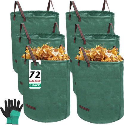 6 Pack 72 Gallons Reusable Garden Waste Bags with Coated Gloves, Heavy Duty Leaf Bags 4 Handles Lawn Yard Bags for Loading Leaf,Trash,Yard Waste Bags (H30" X D26")