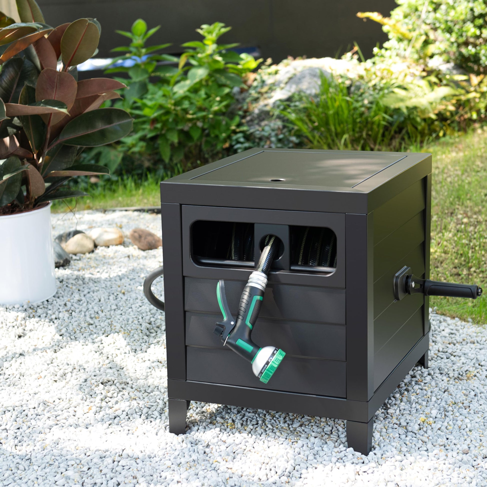 AQUAZILLA Metal Garden Hose Reel Deck box, Durable Steel Garden Hose Storage Box Cabinet, 150ft