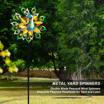 Outdoor Peacock Wind Spinners Featuring Glittering Gem Decor, 13.5" D x 65" H Double Layer Kinetic Wind Sculptures, 360° Rotatable Metal Garden Wind Spinners for Yard and Outdoor Decor Blue