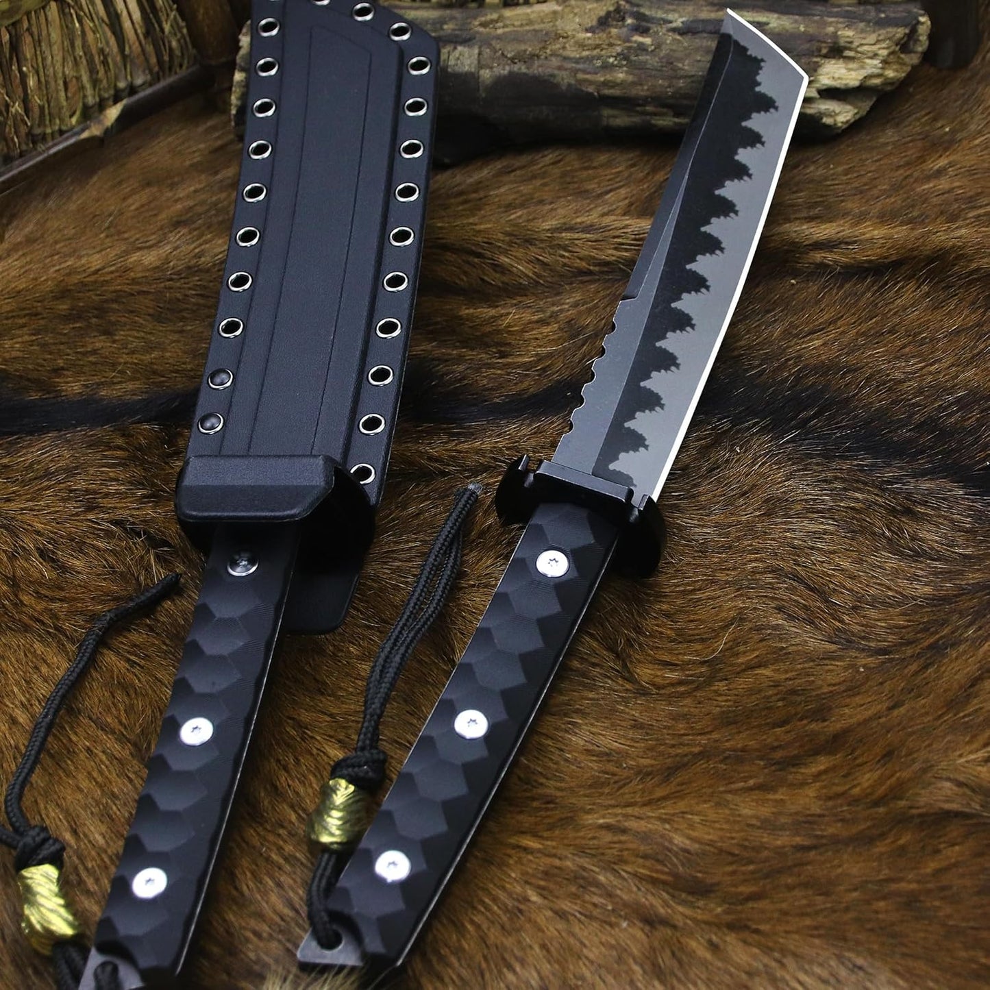 BA-KOR 15.8in Full Tang Japanese Style Outdoor Knife –8mm DC53 Steel, Nylon Fiber Handle &Sheath, Hunting Survival Knife+(5.9in) cerium igniter (Black handle and black blade (8mm))