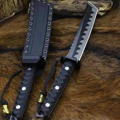 BA-KOR 15.8in Full Tang Japanese Style Outdoor Knife –8mm DC53 Steel, Nylon Fiber Handle &Sheath, Hunting Survival Knife+(5.9in) cerium igniter (Black handle and black blade (8mm))