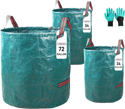 1x72Gallons+2x34Gallons (Free Gloves) Garden Leaf Bags,Reusable Heavy Duty Yard Waste Bag Set,Standable Design and Reinforced 4 Handles for Leaf,Grass,Debris,Camping Trash