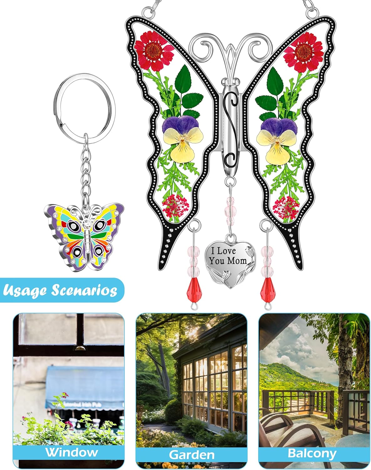 KY&BOSAM Gifts for Mom I Love You Mom Butterfly Suncatcher Mother Gift Purple Butterfly Stained Glass for Windows Hanging Wind Chime Pressed Real Flowe Birthday Gift for Women Mother`s Day Christmas