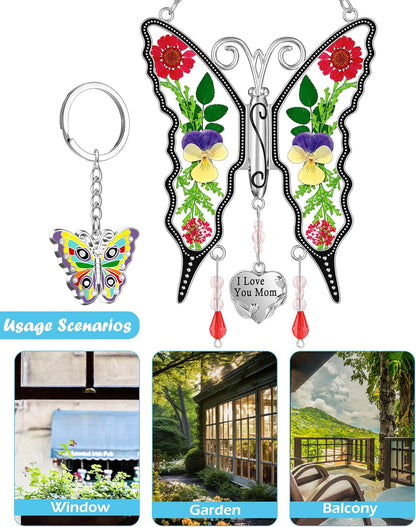 KY&BOSAM Gifts for Mom I Love You Mom Butterfly Suncatcher Mother Gift Purple Butterfly Stained Glass for Windows Hanging Wind Chime Pressed Real Flowe Birthday Gift for Women Mother`s Day Christmas