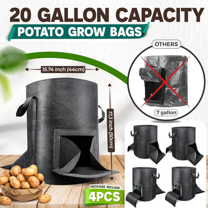 [Upgraded] 4PCS 20-Gallon Potato Grow Bags with Unique Harvest Window, Visible Window, Garden Planting Bag with Reinforced Handle, Nonwoven Fabric Pots for Tomato, Potato Growing Container - Black