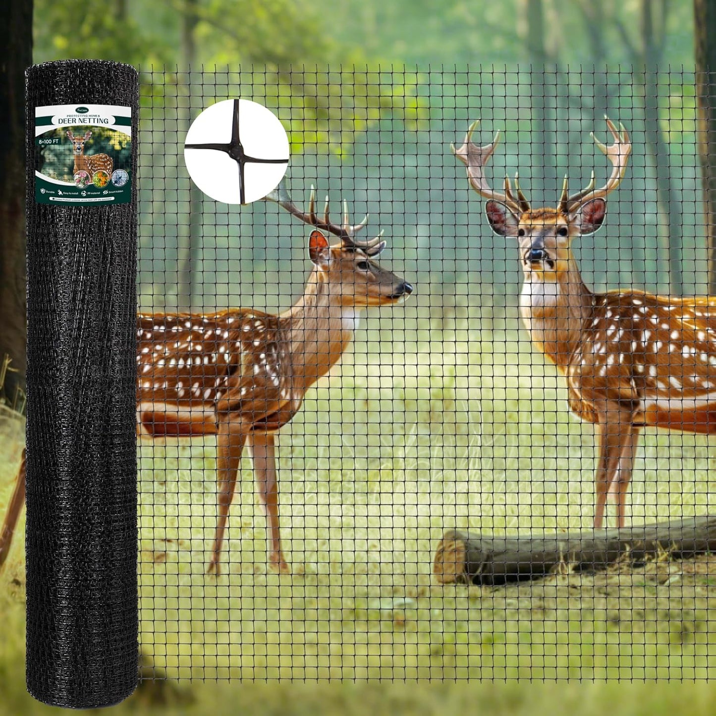 FRUITEAM Deer Fence Netting, 8FT x 100FT Heavy Duty Black PP Coated, Garden Protection Barrier, 0.7"x0.7" 70gr/sqm Mesh, Long-Lasting Yard Garden Fencing Roll