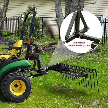 48" Durable Pine Straw Rake Steel Spring Landscape Rake Fits 2" Receiver for Lawn Tractors or ATV/UTV Black