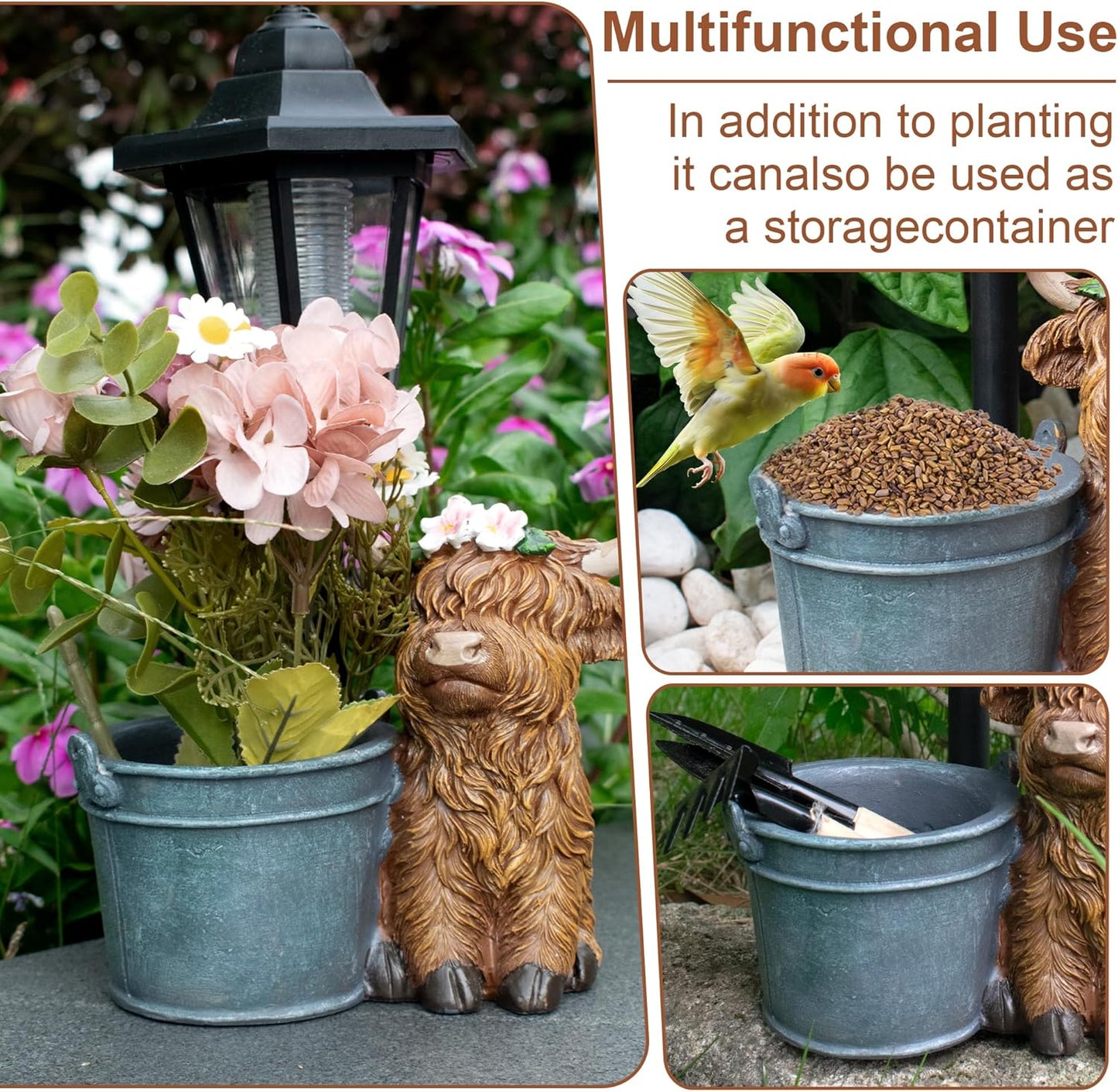 Highland Cow Statues Outdoor Solar Sculptures with Solar Lights and Flowerpot Funny Garden Decor Animal Figurines Resin Outdoor Statues for Patio Yard Lawn Balcony Grandma Mom Gifts