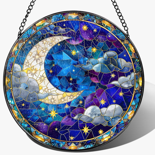 8-Inch Moon and Star Stained Glass Ornament, Stained Glass Window Hanging, Window Hanging Decor