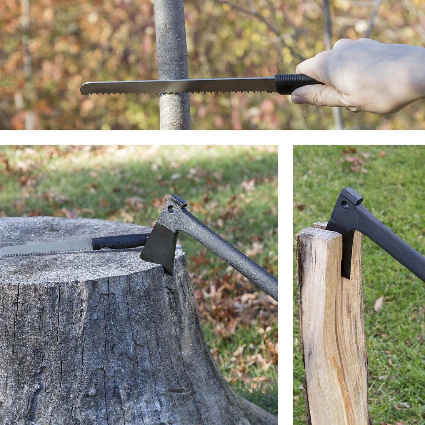 Camping Hand Axe and Survival Gear - Lightweight Hatchet with Nested Serrated Wood Saw Knife and Magnesium Fire Starter Tool by Wakeman (Black)