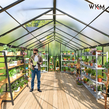 WKM 8x16 FT Greenhouse for Outdoors, Polycarbonate Greenhouse with Roof Vent and Quick Setup Structure, Aluminum Frame, Black