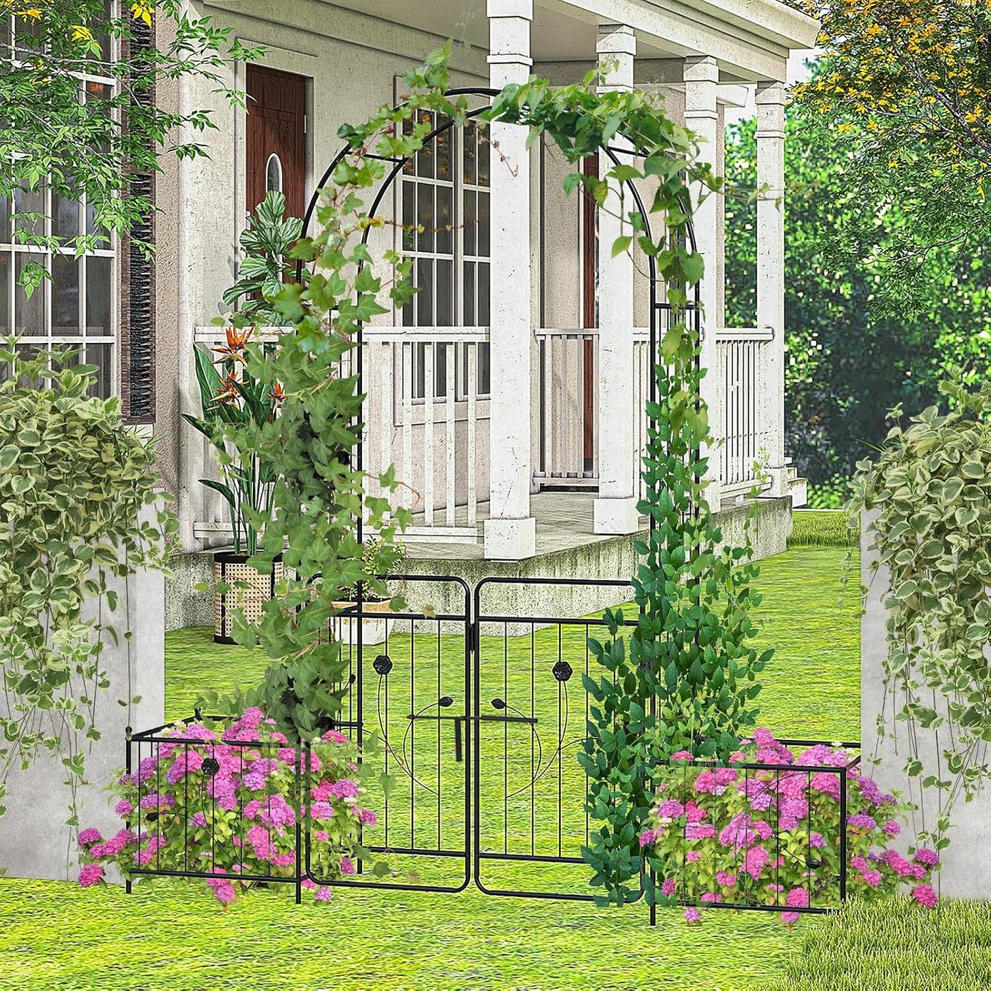 S AFSTAR 87-Inche Garden Arbor with Gate & Side Planter Box, Metal Garden Arch with Lockable Gate, Arched Top Arbour, Heavy-Duty Arched Trellis Archway for Climbing Plants Grape Vines Wedding Ceremony