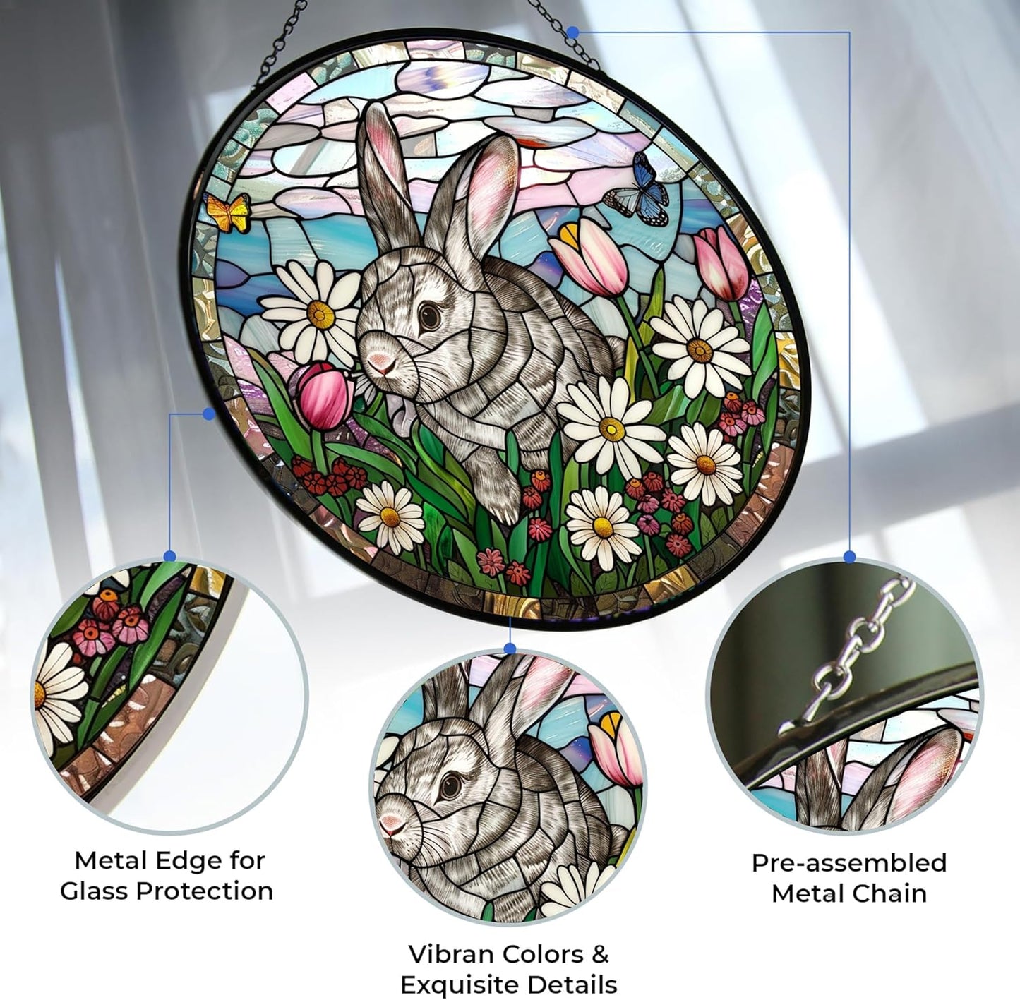 Bunny Stained Glass Suncatcher Four Season Theme Colorful Leaves Window Wall Hanging Ornament Hand-Painted Glass Panel Decor Gift for Women Christmas Thanksgiving Gift 6.3"