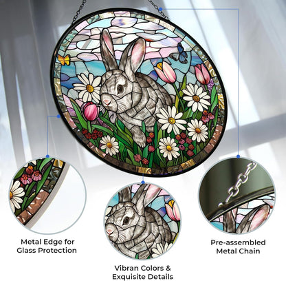 Bunny Stained Glass Suncatcher Four Season Theme Colorful Leaves Window Wall Hanging Ornament Hand-Painted Glass Panel Decor Gift for Women Christmas Thanksgiving Gift 6.3"